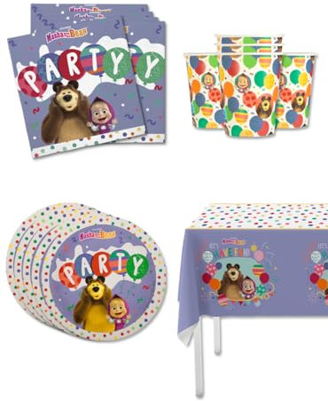 Funidelia | Kit decoración de cumpleaños Masha y el Oso para 8 personas ▶ Masha and the Bear - Decoración para fiestas de cumpleaños, fiestas de disfraces, Halloween y Carnaval - Rosa