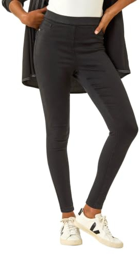 Roman Originals Jeggings for Women UK Jean Ladies Stretchy Trousers Denim Leggings High Waist Rise Pull On Skinny Straight Leg Cotton Pants Smart Casual - Premium Jet Black - Size 10