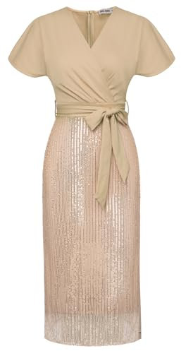 GRACE KARIN Damen Paillettenkleid V-Ausschnitt Glitzer Etuikleid Festlich CocktailKleid Abendkleid Büro Arbeitskleid Party Kleid Champagner Gold L CLK063S24-03