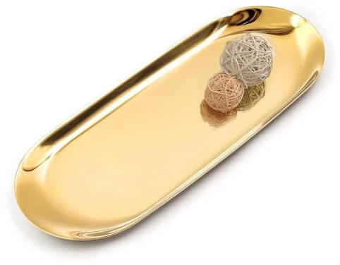 Yvttve Bandeja Ovalada Dorado, Bandeja de Almacenamiento de Acero Inoxidable, Plato Organizador de Cosméticos para Llaves, Velas, Cosméticos (30 CM, Oro)