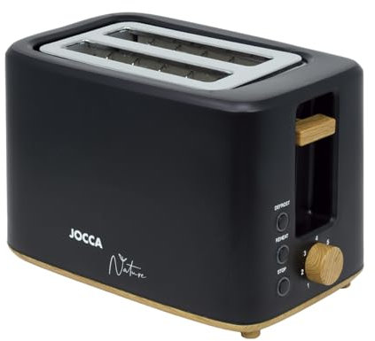 Jocca - Tostadora de pan 2 ranuras cortas | 7 niveles de tostado | Función descongelar y recalentar | Bandeja recogemigas | Diseño compacto negro mate con detalles madera | Línea Nature