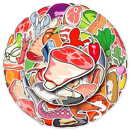 Aufkleber für frische Lebensmittel (Gemüse, Fleisch, Meeresfrüchte) für Jungen, Mädchen, Teenager, Kinder, wasserdichte Vinyl-Aufkleber für Handy, Laptop, Flaschen, Wasserflasche, Gepäck, Tasse