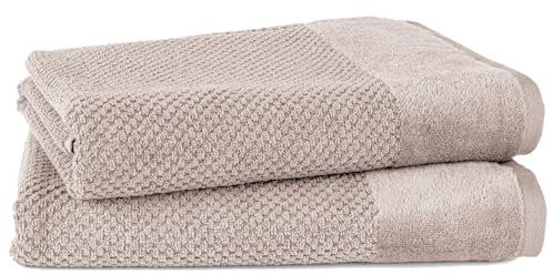 Pure Label 2-TLG. Badetücher Set mit Anhängeschlaufe aus 100% Baumwolle, saugstark, weich und Oeko-TEX Zertifiziert - 2 Badetücher aus Baumwolle 70x140 cm, Beige - Taupe