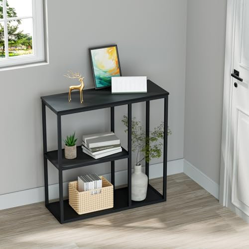 WOHOMO Console Table 30cm Narrow Entryway Table for Living Room 80x80cm Black Industrial Sofa Table with 3-Tier Storage Shelves for Corridor, Hallway, Black