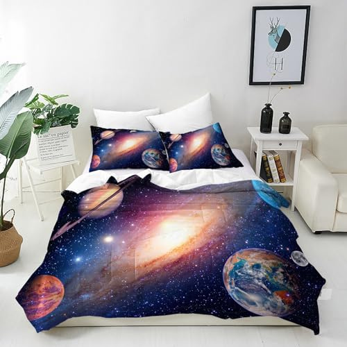 ANHOPE Weltraum Planeten Bettwäsche 135x200 cm 1 Kissenbezug 80x80 cm | Galaxie Erde Saturn Mars Muster, Mikrofaser Bettbezug mit Reißverschluss, Kinder-Bettwäsche-Set für Jungen und Mädchen