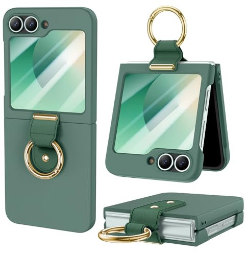 HWeggo Handyhülle für Samsung Galaxy Z Flip 6 Case, Ultra Thin PC für Samsung Z Flip 6 Schutzhülle mit äußerer Displayschutzfolie und Ring, stoßfest-GRÜN