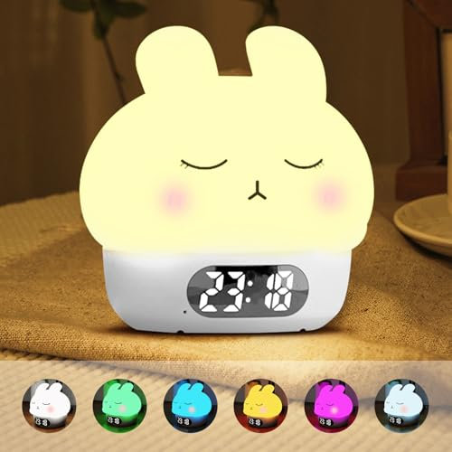 Cuteefun Digitaler Wecker mit Licht, Bunny Nachtlichter für Kinder, Wiederaufladbare Wecker Digital, Dual Alarme, Snooze, 9 Farbmodi, Berührungssensor Nachtlicht Dimmbar für Raumdekoration