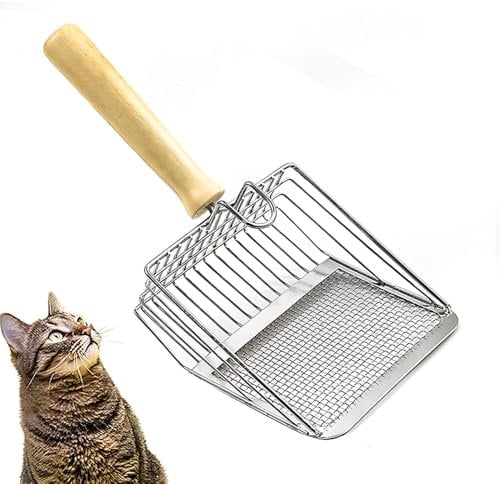 TAIHE Katzenstreuschaufel, Katzenklo Schaufel mit Holzgriff, Katzenstreu Schaufel aus Metall, Katzenschaufel für Katzenklo, Lochabstand 3mm/10mm, Länge 28cm