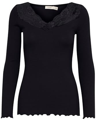 fransa FRHIZAMOND Damen Longsleeve Langarmshirt Basic Shirt mit Spitze V-Ausschnitt Slim fit