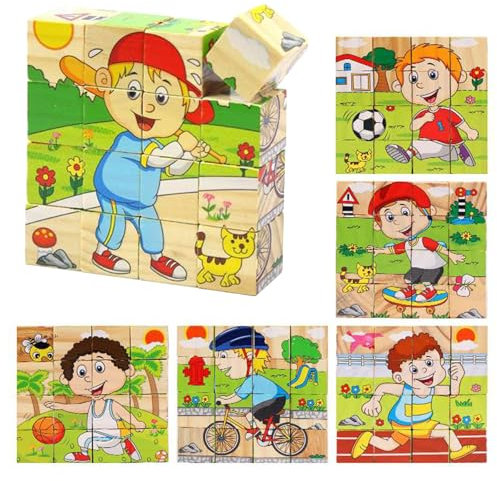 Würfelpuzzle Holz, 3D Bilderwürfel Puzzlespiele, Montessori Spielzeug für Kinder ab 1 2 3 4 Jahren, mit 16 Würfel Holzspielzeug, Wooden Cube Puzzle für Jungen und Mädchen, 12 x 12cm