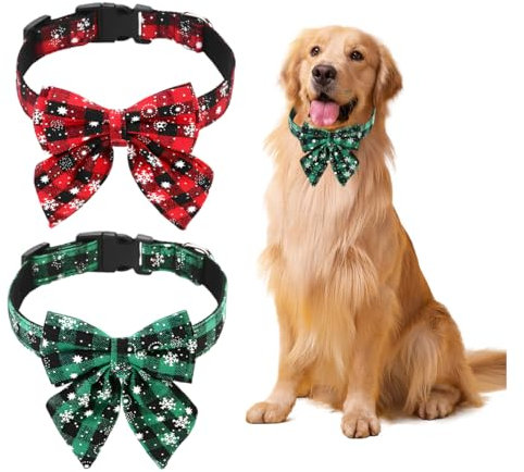 Hundehalsband Weihnachten, Weihnachtshalsband Hund, Katzenhalsband mit Schleife, Fliege für Hunde, Niedliches Karomuster, Hunde Weihnachtskostüm, Haustier Halsband für Kätzen und Hunde(L)