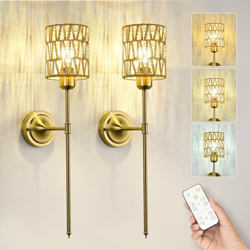 JACKYLED Rechargeable Wall Lights with Remote and Timer, 5400mAh Large Battery Operated, 3 Colour Temperatures 3000K/4500K/6000K, Dimmable Wireless Wall Lights (Rattan)