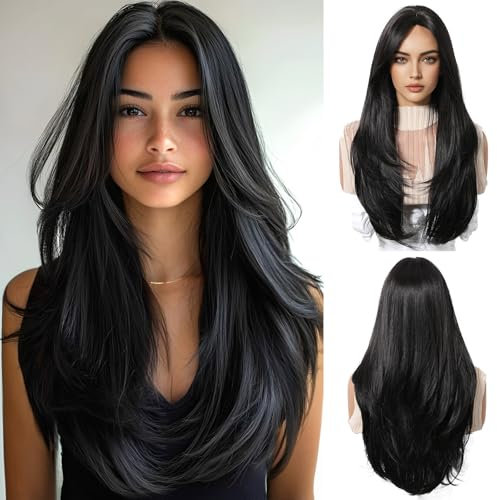 OUFEI Schwarz Perücken für Frauen Lange Perücke mit Pony Natürliche Gerade Perücken Synthetisches Haar Hitzebeständige Perücken für Die Tägliche Party Cosplay Wear