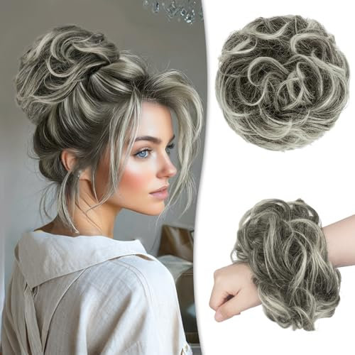 RUWISS Unordentlicher Haarteil 100% Echthaar Rose Dutt für Frauen Echthaar Scrunchies Hochsteckfrisur Haarteile Gelockt Bun Verlängerung(Schwarz Mix Grau und Platinblonde Spitzen)