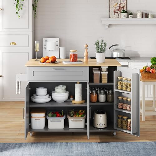 Wyibwy Küchenwagen, Kücheninsel mit klappbarer Arbeitsplatte aus Holz, mobiler Küchentisch mit 1 Schubladen und 3 Türen, Gewürzregal, Handtuchhalter, 5 Rollen, 132,5 x 44 x 90 cm, Grau