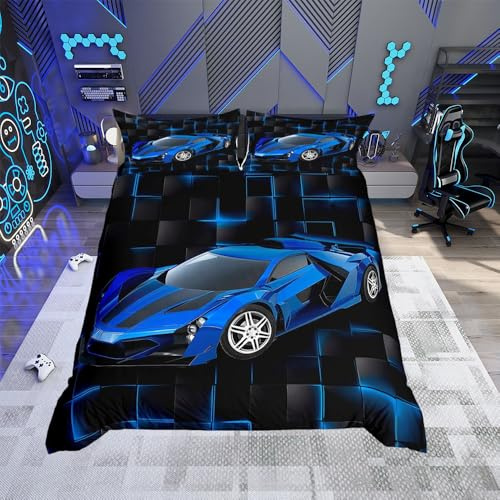 Loussiesd Blue Race Car Bedding Duvet Cover Set Single Size Speed Sports Car Bedding Set for Kids Boys Girls Decor Geometric Honeycomb Comforter Cover Set Extreme Sports Bedspread Cover