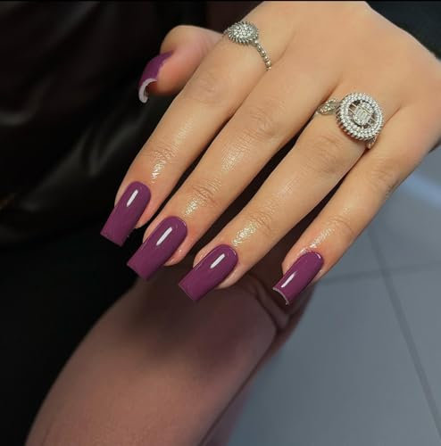 SXVME Berry Press on Nails Long Square, Purple False Nails Medium Coffin, Glossy Gel Fake Nails Press on, Sheer Gel Stick on Nail for Women, 24 Pcs