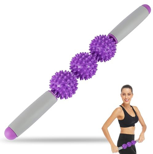 Igelball Massageroller mit Griff, Massageroller Stick Massagestab mit 3 Igelball, Stab Igelballrollen mit Handgriffe 3 Bällen, Faszienrolle Faszienstab Massage Roller, Lila