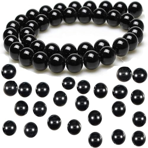 Zwenjuan Perles de Verre,100PCS Noir Perles Spacer Perles Rondes en Onyx d'espacement lisses Avec Trous Pour DIY Artisanat Colliers Bracelets Boucles d'oreilles Fabrication de Bijoux(10mm)