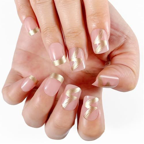 Lot de 24 faux ongles brillants dorés à coller sur les ongles pour femmes élégantes