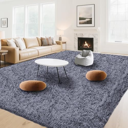 OuTanTe Hochflor Teppich Wohnzimmer 200x300cm, Grau Shaggy Flauschig Teppich, Kuschelteppich Wohnzimmerteppich High-Pile Carpet rutschfest, Modern Extra Groß Teppiche für Schlafzimmer Kinderzimmer