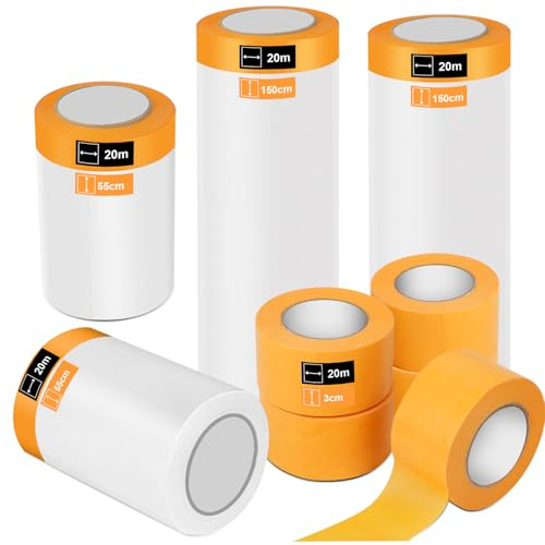 QUOTRE Abdeckfolie mit Klebeband 9 Rollen, 20m x 55cm/150cm + 3cm Malerfolie Set, selbstklebende Schutzfolie für Malerarbeiten, Renovierung, Wände, Möbel, Fenster & Türen
