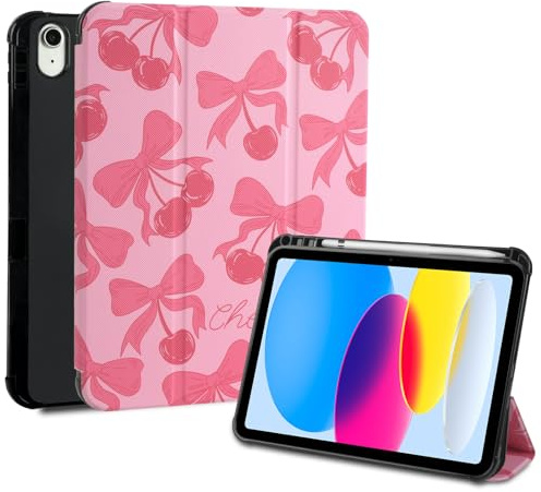 Fycyko Étui pour iPad 11ème Génération 11 2025(A16)/10ème Génération 10.9 2022,Coque avec Porte-Crayon et Support Trifold,Cute Motif Cerise Étui de Protection pour iPad 10e/11e-Rose