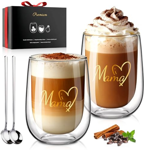glastal PREMIUM Doppelwandige Latte Macchiato Gläser 350ml 2er Set MAMA | OHNE Versiegetes LOCH, Doppelwandige gläser, Geschenke für Mama zum Geburtstag Weihnachten Muttertag Jubiläum