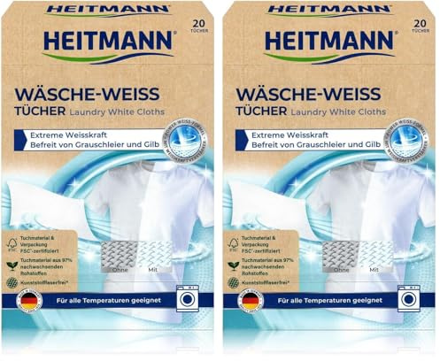 HEITMANN Wäsche-Weiss Tücher | Power-Weiss-Formel | Geeignet für alle Temperaturen und Waschmittel | FSC-zertifiziert | Ohne Kunststofffasern | 20 Tücher (Packung mit 2)