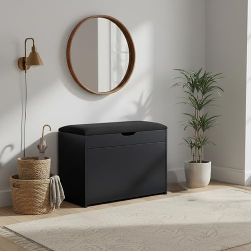 EDAXO MDF Schuhschrank mit Sitzbank und ausziehbaren Regalen, Polyester Polsterung, 57 x 30 x 53 cm, Multifunktional für Flur (schwarz)