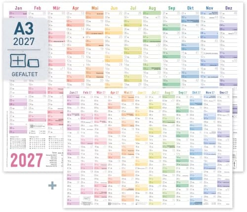 Häfft Wandkalender 2027 A3 quer Rainbow | Ferien und Feiertage für DE, Wandplaner Jahresplaner gefalzt (42 x 29,7 cm) inkl. extra A4-Kalender