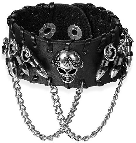 JewelryWe Schmuck Herren Breites Biker Lederarmband, Gotik Punk Rock Totenkopf Schädel Patronenhülse Leder Armband Armreif mit Ketten, Verstellbaren Größen, Schwarz Silber