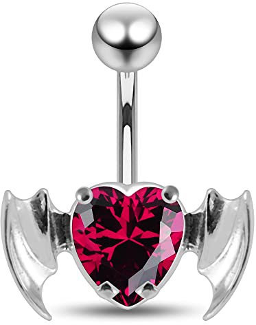 Monster Piercing Roter Farbe Fancy Crystal Herzstein mit Fledermaus Flügelstreifen Sterling Silber Bauch Piercing