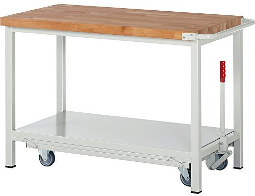 eurokraft | Fahr- und absenkbare Werkbank | Gestellbauweise Serie 8000 | 1 Ablageboden | BxT 1250 x 700 mm