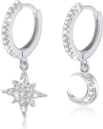 Milacolato Orecchini Pendenti Cerchio Donna Argento Sterling 925 con Stella di Luna Orecchini a Cerchio con Ciondolo a Forma di Cartilagine Asimmetrica Piccola CZ per Donna