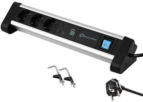 Electraline - 62556, Ciabatta di alimentazione multipla per ufficio, con 3 prese Schuko + 2 porte USB 60 W (1 Tipo C (Power Delivery) per la ricarica dei computer + 1 USB 3,0 A ricarica rapida),
