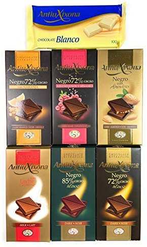 Paquet de 7 tablettes de chocolat Antiu Xixona - Qualité Premium : Chocolat au lait, Chocolat pur et Chocolat blanc