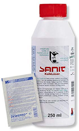 DEWEPRO-Set: SANIT KalkLöser (3001) - Flasche à 250ml - der Entkalker für alle Geräte in Haushalt und Gastronomie, inkl. 1 St. DEWEPRO® Single Scrubs