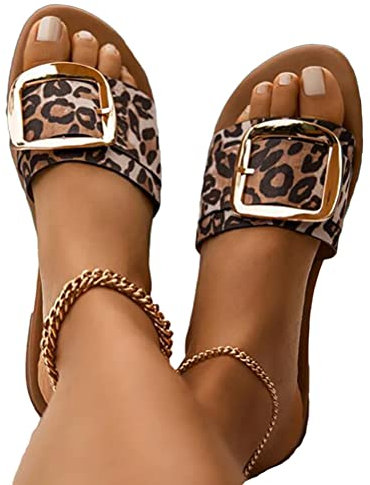 Minetom Sandalen Damen rutschfeste Flach Sommerschuhe Damen Elegant Hausschuhe Freizeit Zehentrenner E Leopard 39 EU