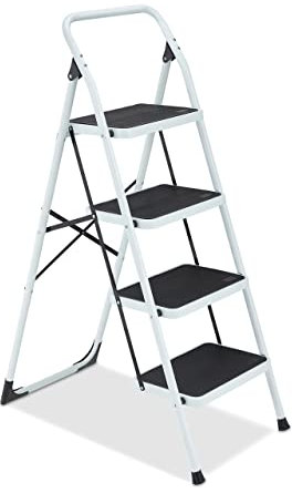 Relaxdays Trittleiter, 4 Stufen, klappbare Haushaltsleiter, Stahl, bis 150 kg, Sicherheitsleiter mit Griff, weiß/schwarz