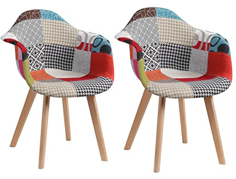 EGOONM 2er Set Patchwork-Stühlen, Esszimmerstühle aus Leinen, ideal für Esszimmer, Wohnzimmer, Café, etc. (Rot)
