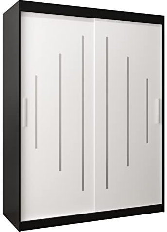 Kryspol Schwebetürenschrank York 150 cm Kleiderschrank mit Kleiderstange und Einlegeboden Schlafzimmer- Wohnzimmerschrank Schiebetüren Modern Design (Schwarz + Weiß)