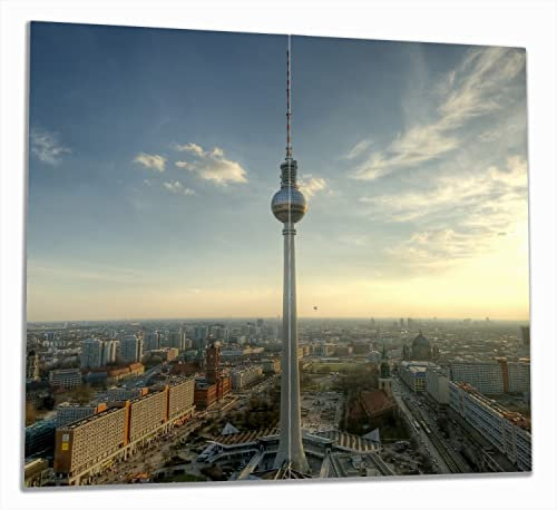 Wallario Herdabdeckplatte/Spritzschutz aus Glas, 2-teilig, 60x52cm, für Ceran- und Induktionsherde, Fernsehturm Berlin mit Panoramablick über die Stadt