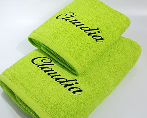 ★ Handtücher Set 2-TLG. - Duschtuch 70x140 + Handtuch 50x100 mit Namen Bestickt ★ Geschenk ★ Badetuch ★ 500 g/m2 ★ 100% Baumwolle ★ SUPER QUALITÄT ★ (2-TLG. - 70x140 cm + 50x100 cm, Grün)