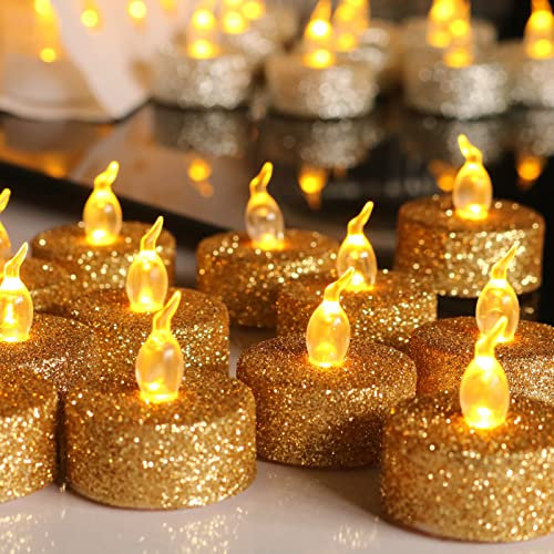 PERZOE 12 pièces Bougies LED Bougies sans Flamme lumières Scintillantes Bougies Chauffe-Plat électriques Fausses Bougies Doré