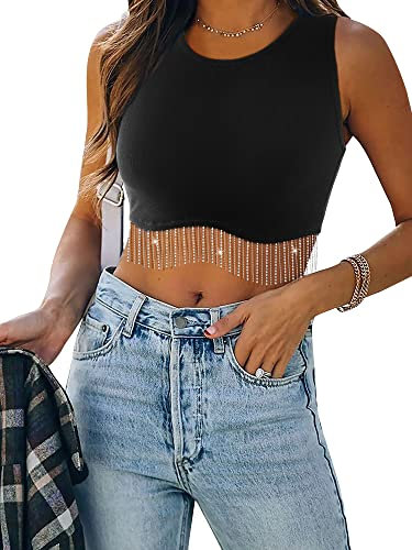 Dresswel Damen Sexy Ärmellos Crop Top Funkelnd Strass Fransen Racerback Y2K Tank Top Rundhals Strick Corset Cropped Tops mit Glitzer Quaste (Ärmellos, Schwarz S)