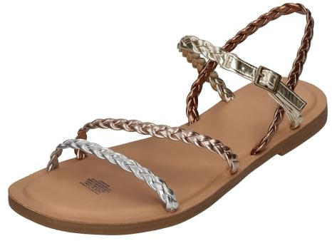 TOMS KiraFlat Damen-Sandalen, Mehrmetallisches Synthetikgeflecht, 42.5 EU