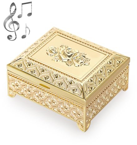 ELLDOO Vintage Spieluhr, Gold Metall Musik-Schmuckschatulle Andenken-Box, Rosenmuster, kleine Schmuck-Aufbewahrungsbox, Geschenk für Mädchen und Frauen (Tune: You are My Sunshine)