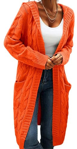 Women Hooded Open Front Cardigan Cable Knit Sweaters Solid Color Chunky Long Sweater Coats, Orange, XL