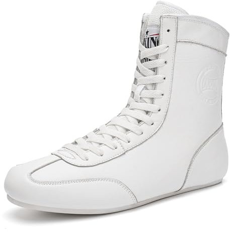 Pro atmungsaktive Anti-Rutsch-Wrestling-Schuhe, Unisex-Boxschuhe mit hoher Unterstützung, Wrestling-Stiefel, Kampfstiefel, Trainings-Workout-Schuhe, zusätzliche Knöchelunterstützung für Boxer(White,46